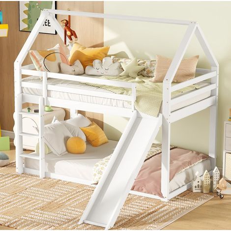 Cama infantil litera casita con tobogán blanca madera OKMYHOME (1/5)