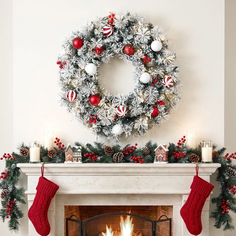 Couronne de Noël Lumineuse 60 cm Enneigée Floquée avec 50 LED, 15 Boules Décoratives, 140 Branches, 8 Modes, Vert (1/5)