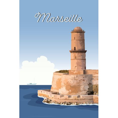 Tableau sur toile illustration phare Sainte-Marie à Marseille 45x65 cm - Impression sur Toile Murale Décorative - Image imprimée en HD sur Toile - Toile sur Châssis en Bois FSC - Fabriqué en France (1/4)