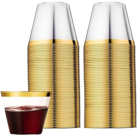60 bicchieri in plastica con bordo dorato da 270 ml，eleganti bicchieri da festa per vino，bibite analcoliche e dessert，89 x 71 cm (1/5)