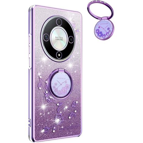 Coque Paillettes pour Honor Magic 8 Lite 5G/Magic8 Lite, Très Mince Antichoc TPU Bumper Doux Silicone Housse, Délicat Mode Fleurs Ring Holder Stand Bling Femmes Filles Étui. Violet (1/5)