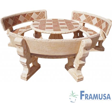 CONJUNTO COMEDOR PIEDRA CIRCULAR JARDIN CASTAÃƒâ€˜O GRES AZULEJOS CON RESPALDO OCRE