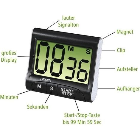 Digitaler Küchentimer und Stoppuhr, großes Display, gut lesbare Ziffern, einfache Bedienung, lauter Alarm, magnetischer Küchenständer, schwarz (1/4)