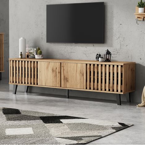 Meuble TV 180x40x55 cm en panneaux de bois naturel, avec rangement, pour salon FloraGrace (1/5)