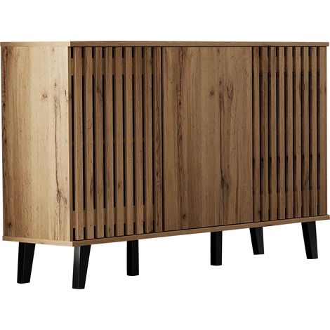 Credenza 150 x 40 x 95 cm in truciolare, 3 ante e 6 vani, colore naturale con gambe nere (1/5)