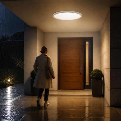 Plafonnier LED salle de bain avec détecteur de mouvement 24W 2400lm veilleuse & minuterie - 30cm IP44 2700K-6500K pour garage chambre salon (1/5)