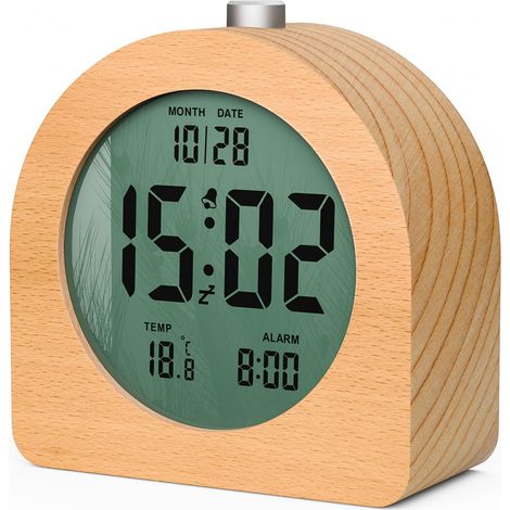 Wooden Digital Alarm Clock, Multifunctional Morning Alarm Clock, LCD Digital Clock without Ticking with Snooze Function, Displays Date and Temperature, Warm Backlight, 12/24H (Raw Wood)