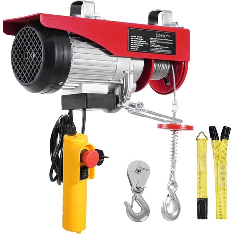 Treuil électrique 400 kg, 230V avec télécommande filaire 4,3 m, hauteur de levage 12 m, élingues simples/doubles, arrêt d'urgence, pour garage, entrepôt, usine. (1/5)
