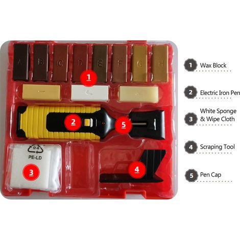 Kit de reparación para suelos y muebles para disimular grietas y arañazos en suelos de madera maciza y laminados. Contiene 11 bloques de cera de colores y una plancha para alisar. (1/5)