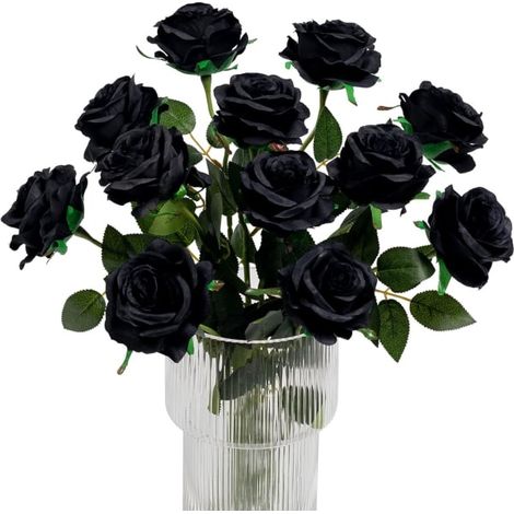 Pack de 12 roses noires artificielles pour déco Halloween, fleurs réalistes en tissu, idéal pour orner table, mur ou autel, ambiance effrayante garantie (1/5)