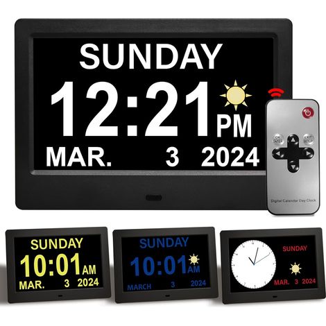 Horloge Numérique 7 Pouces - Calendrier Complet Date Jour Heure - Écran HD Non-Abrégé - Veilleuse Auto Dimming - 8 Langues - Pour Seniors Et Enfants (1/5)