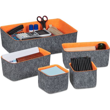 Relaxdays Schubladen Organizer Filz, 5-teiliges Ordnungssystem für Schreibtisch, 3 Größen, Filzkörbchen, grau/orange