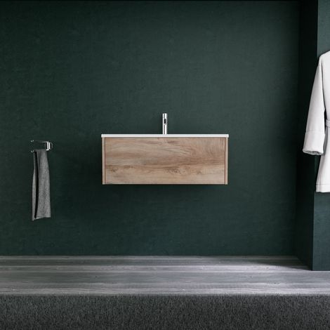 Inda - Badezimmerschrank 1 Schublade L.80 mit mattem Waschbecken / Natureiche - Diamante