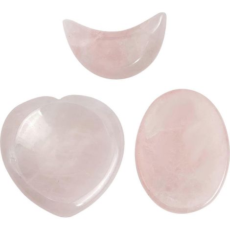 Lot de 3 masseurs en quartz rose, forme cœur et lune ovale, 1 boîte de petites pierres de cristal naturelles polies, pierres roulées et polies pour la méditation et la thérapie. (1/5)