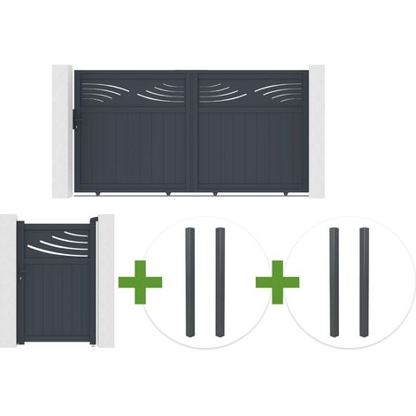 Portail coulissant 3m HALTI H.160cm aluminium gris + 4 poteaux ELDA + Portillon 1m HALTI H.160cm aluminium gris (1/5)