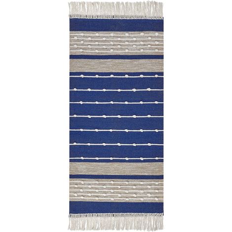 Tappeto in cotone blu e beige con nappe e motivo a strisce verticali 80 x 150 cm Kondhali (1/5)