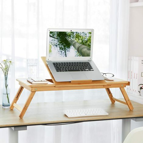 Laptop-Schreibtisch aus Bambus, klappbarer Nachttisch, für Linkshänder, Rechtshänder, höhenverstellbares Sofa, 72 x (21-29) x 35 cm (BxHxT), mit 5 Neigungswinkeln, Luftlöchern, kleine Schublade LLD004 (1/5)