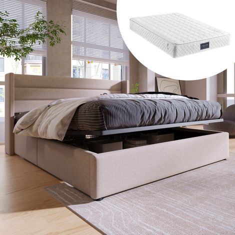 FLORAGRACE Cama canapé tapizada 160x200 cm en lino beige con colchón, elevable hidráulica, arcón de almacenaje, beige (1/5)