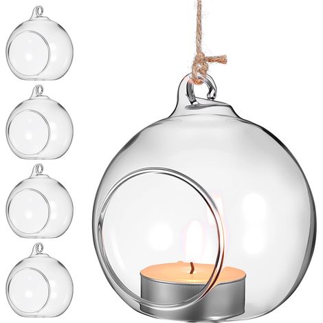 Lot de 5 vases ronds en verre à suspendre avec deux ouvertures d'aération pour terrarium comme photophore pour plantes Décoration à suspendre pour la maison, un mariage, une fête (1/5)