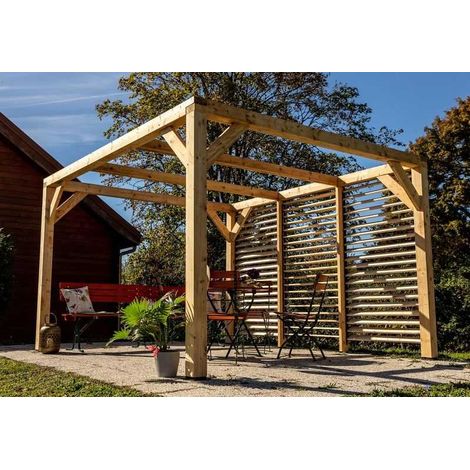 Habrita – Pergola Veneto 3,40 x 3,60 m – Sapin du Nord contrecollé – Ventelles mobiles pour modulation de l’ensoleillement – Hauteur 2,17 m (1/5)