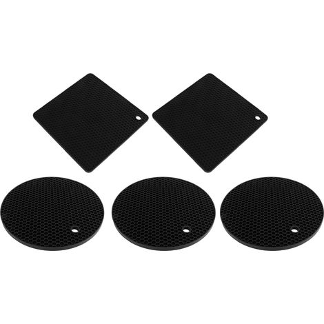 Set de 5 Dessous de Plat en Silicone, Carré et Rond, Alvéolaire, Résistant à la Chaleur, Anti-Dérapant, pour Plaques Chaudes, Poêles, Casseroles, Noir (1/5)