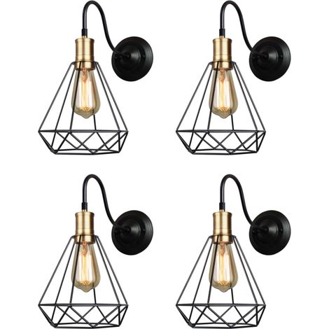 Applique Murale Intérieure Rétro Luminaire Plafonnier Diamant Cage en Métal E27 Ø20CM pour Salon Chambre Café Bar Noir - 4Pcs (1/5)