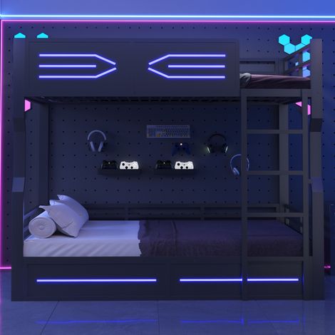 Lit superposé 140x200 cm pour adolescent avec LED, garde-corps hauts, gain de place, structure en métal, contreplaqué et MDF noir (1/5)