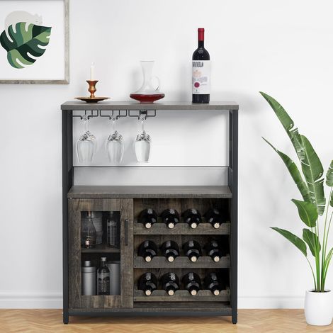 Casier à Vin pour 16 Bouteilles en Bois,Range-Bouteilles /Porte-Vin à 3 Étagères avec 3 Porte-Gobelets,Meuble de Bar -Brun foncé (1/5)