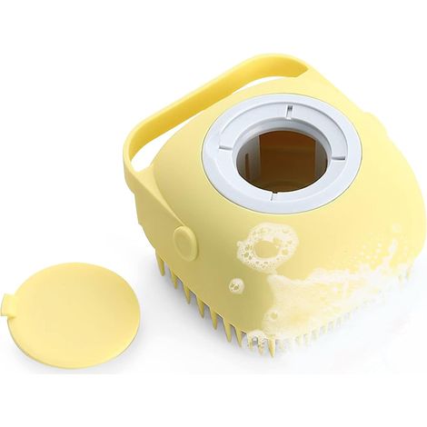 Pet Massage Brush Silicone Rubber Bath Brush with Shampoo Dispenser for Dog Cat Silicone Massage Bath Brush for Pet Shower (Yellow) (1/5)