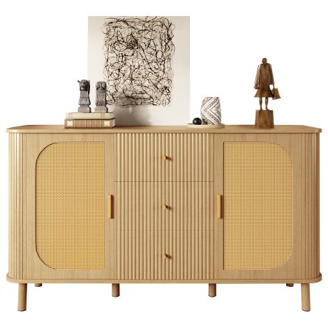 Ce buffet moderne — doté de tiroirs, d'étagères et de pieds en métal imitation bois — est un meuble de salon polyvalent et un incontournable absolu. (1/5)