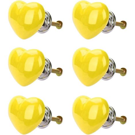 Lot de 6 boutons cœur vintage en céramique jaune pour tiroirs et armoires. (1/5)