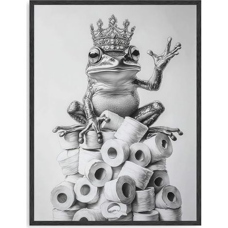 Frog Bathroom Wall Decor Black and White Frog Canvas Wall Art Poster on Toilet Paper 12x16 Inches (1/5)