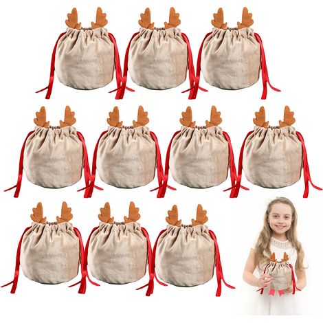 Sac de Noël à cordon avec bois de cerf, emballage cadeau, décoration de Noël, pochette festive (1/5)