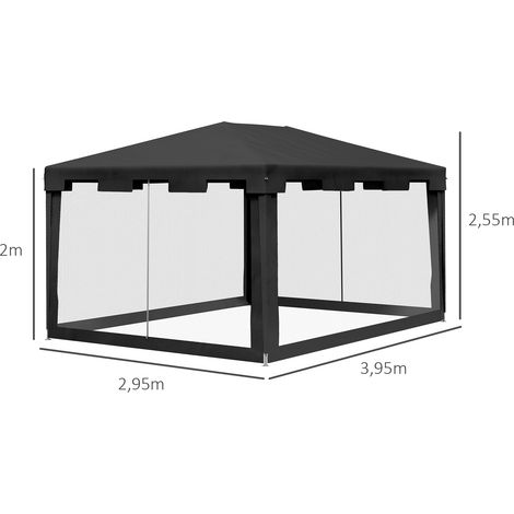 Pavillon de réception 4 x 3 m avec parois latérales en filet pour balcon ou terrasse, en métal PE gris foncé, idéal pour les fêtes et événements. (1/5)