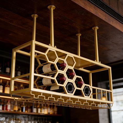 Étagère À Vin,Casier À Vin au Plafond avec Support pour Verres Et Étagère,2 Niveaux Porte-Bouteilles de Vin Suspendu,Casier À Vin Suspendu au Plafond pour Bar,Cuisine, 100x30x40cm, doré