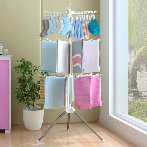 Pliable à 3 niveaux Étendoir à linge et cintre à vêtements suspendu pour cintres et porte-vêtements Blanc (1/4)