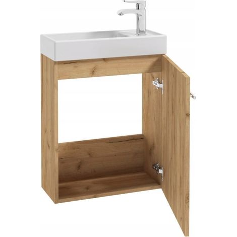 Meuble de salle de bains avec vasque 50x70cm équipée d'un robinet et d'un siphon, chêne massif, petit modèle (1/4)