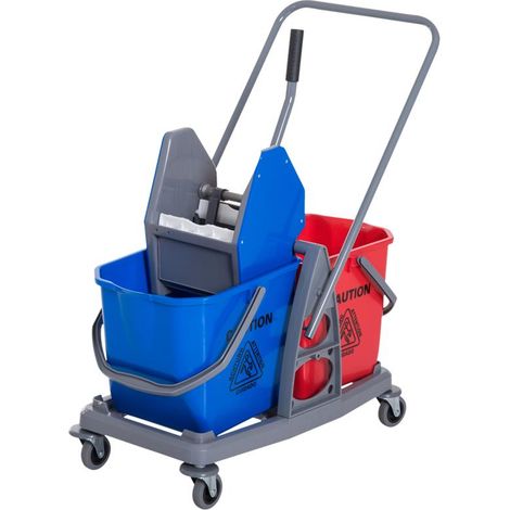 CARRELLO PROFESSIONALE CON STRIZZATORE E 2 SECCHI IN CLORE BLU E ROSSO (1/5)