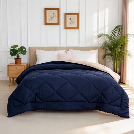 Couette sans Housse 135 x 200 cm, Bicolore, 4 Saisons, matelassée, Lavable en Machine, légère et Respirante, Bleu Marine Beige (1/5)