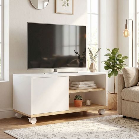 TV-Möbel auf Rollen, Weiß/Eiche, mit verstellbarem Regal und Stauraum (1/5)