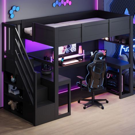 Lit mezzanine 90x200 cm avec bureau gaming, Escalier de rangement, LED 7 couleurs et USB, Contreplaqué et MDF, Noir (1/5)