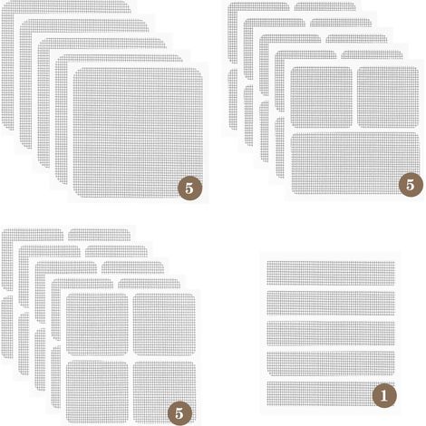 Lot de 16 Patchs Réparation Moustiquaire en Fibre de Verre Gris, 4 Tailles, Autocollants pour Fenêtres et Portes
