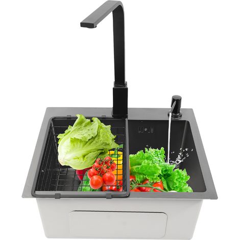 Virellio – Évier de cuisine en acier inoxydable 201 – Robinet pivotant 360°, panier égouttoir et distributeur de savon 150 ml inclus – Dimensions 45 × 40 × 20 cm – Noir (1/5)