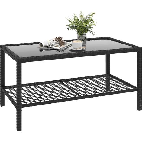 Schwarzer Rattan-Gartentisch 92 x 50 x 45 cm – Ablage, Tischplatte aus gehärtetem Glas, Stahlgestell