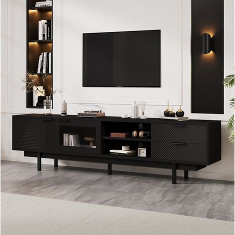 Mobile TV 200 x 40 x 50,5 cm con 2 ante e 2 cassetti, vetro temperato, nero HAVRYA (1/5)