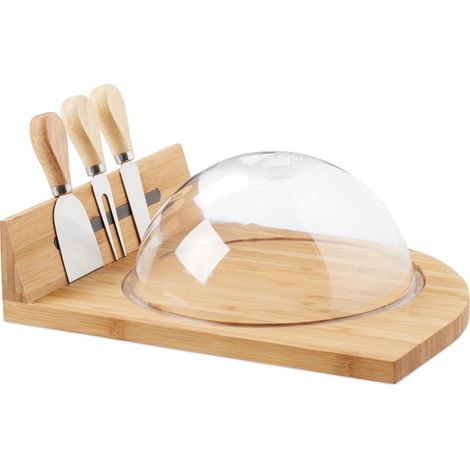 Tagliere per formaggi rotondo con campana e posate servizio elegante 30 x 30 x 15 cm in bambù naturale 130006101