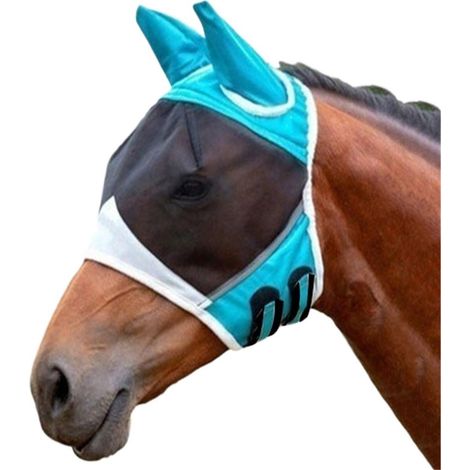 Maschera anti-mosche a maglia fine con protezione per le orecchie, protezione UV, morbida per cavalli (L blu), confezione da 1