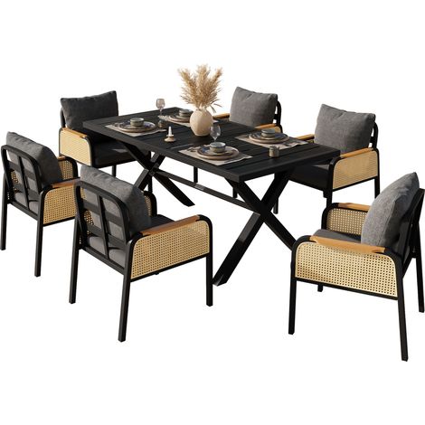 Salon de jardin 6 places avec table rectangulaire et chaises tressées, structure en fer noir, coussins inclus, pour terrasse, balcon et extérieur - CHICFURN (1/5)