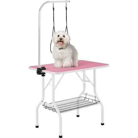 Table de Toilettage pour Chien/Chat/Animaux de Companie Pliante avec Potence Réglable 2 Sangles Une Panier de Rangement et Surface Travail Plus Large Antidérapente Capacité 100kg Rose (1/5)