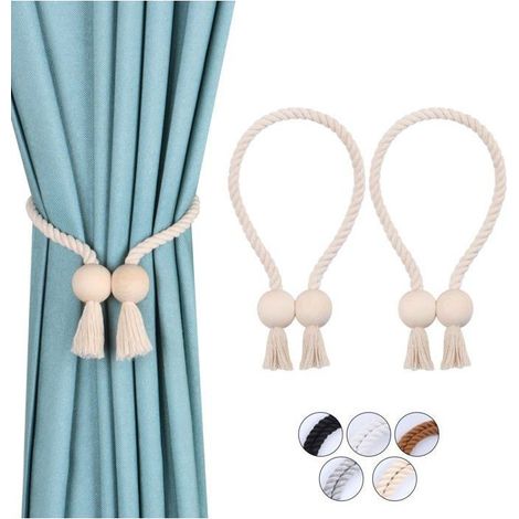 Embrasses de rideaux magnétiques en coton tissé 54 cm - lot de 2 (beige, perles bois) (1/5)